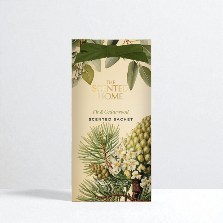 Scented sachet packaging with botanical design and 'The Scented Home' branding.