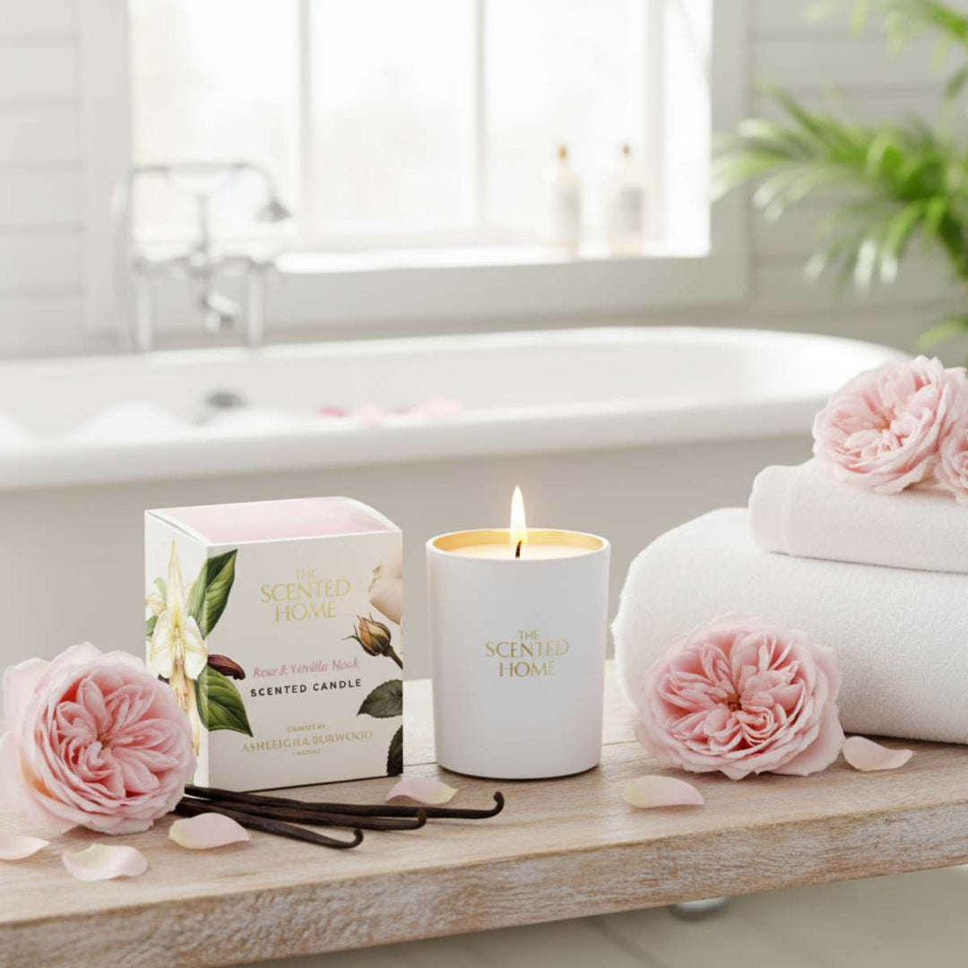Scented candle with packaging on a bathroom counter with towels and flowers.