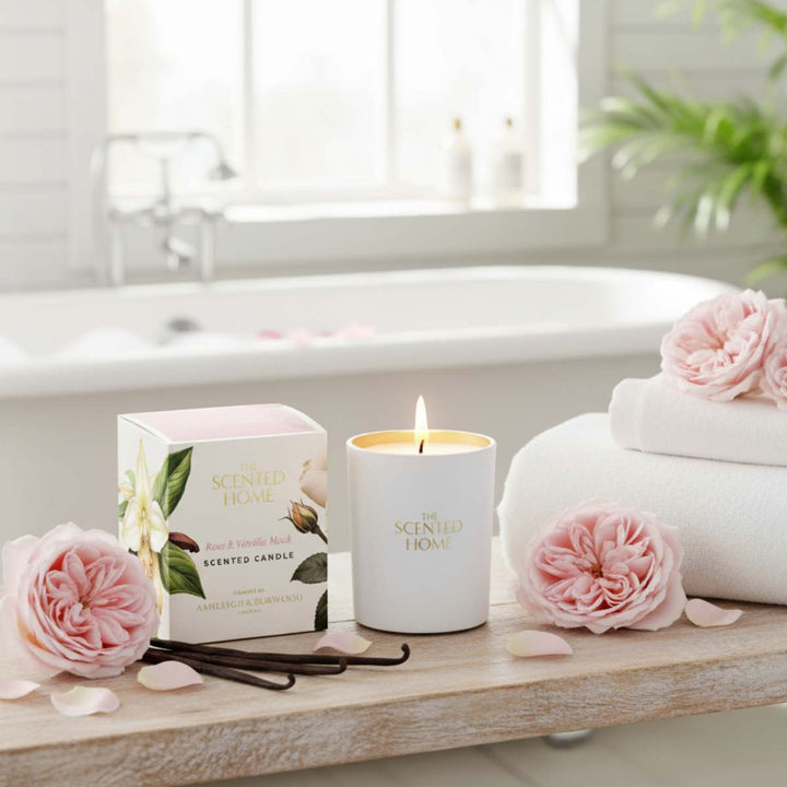 Scented candle with packaging on a bathroom counter with towels and flowers.