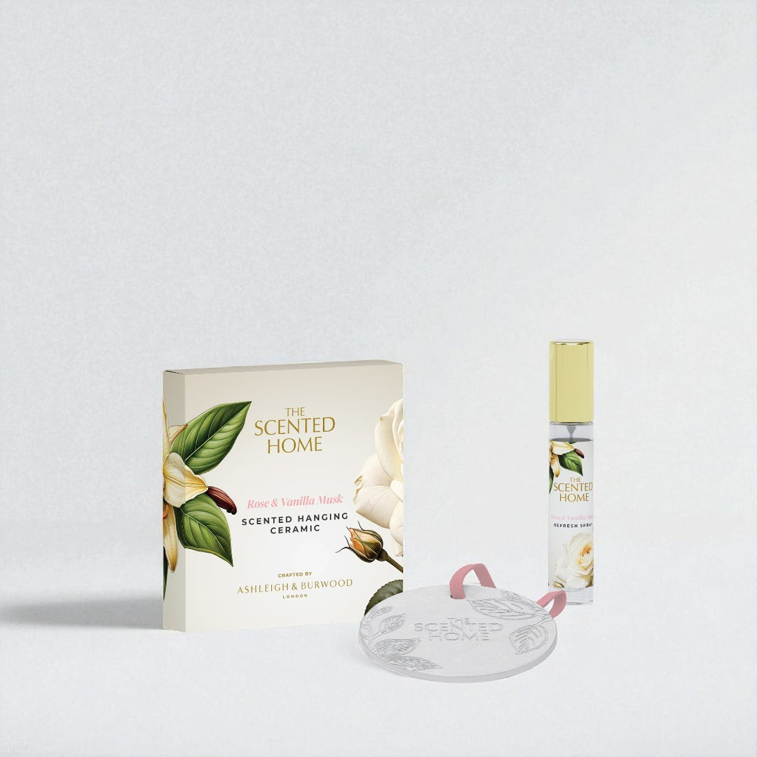 Scented hanging ceramic product with packaging on a light gray background
