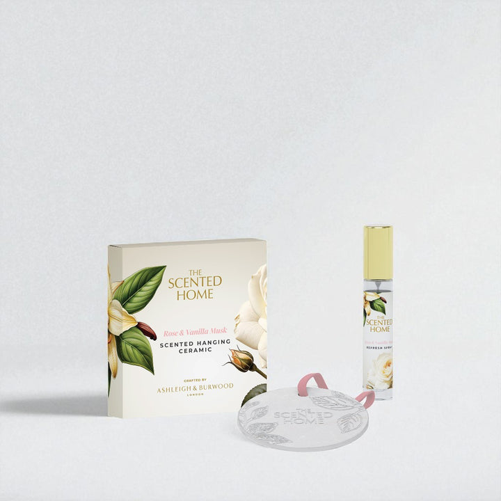 Scented hanging ceramic product with packaging on a light gray background
