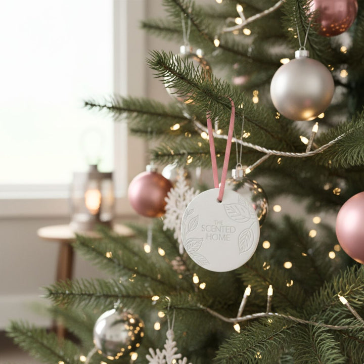 Decorative ornament on a Christmas tree with pink ribbons