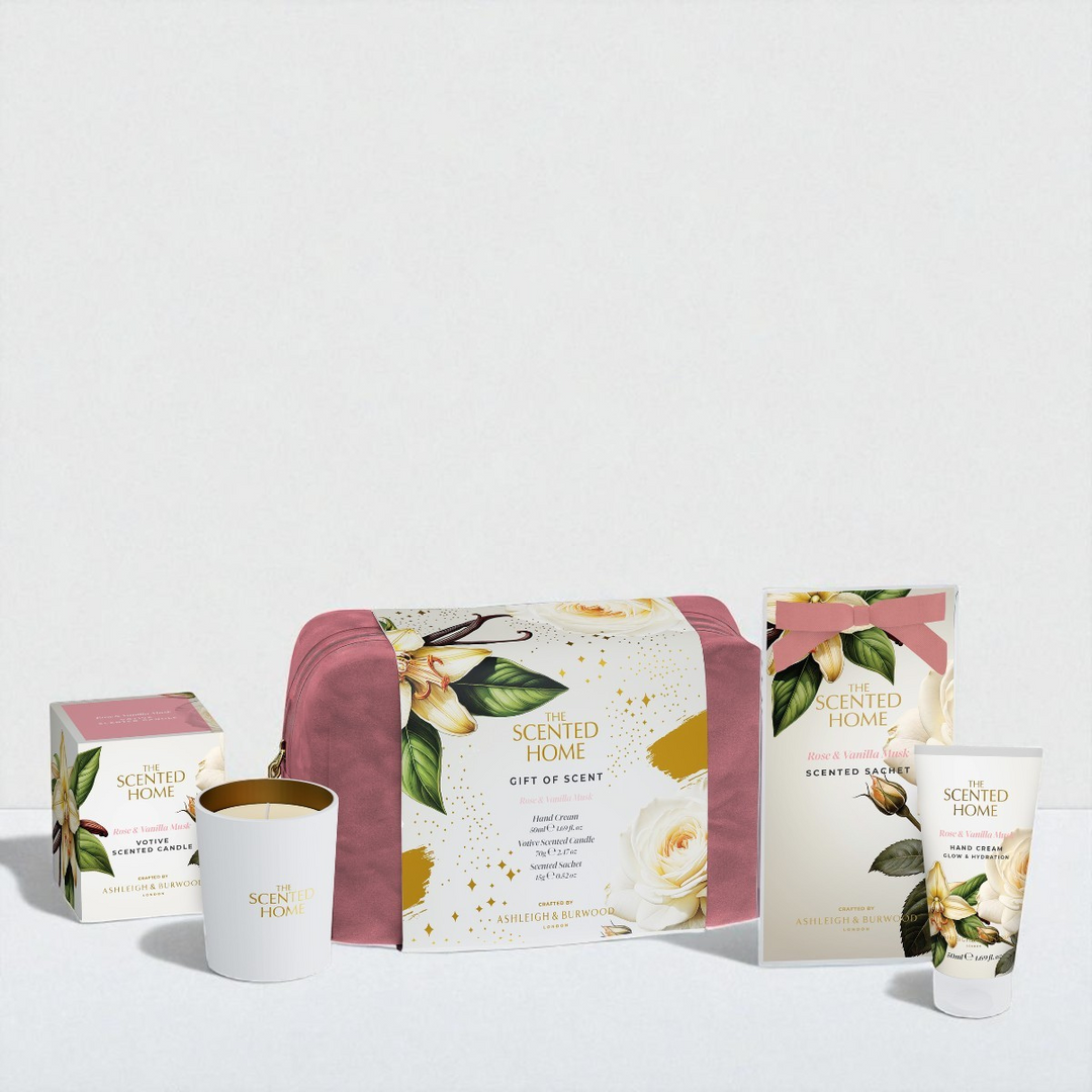Rose and Vanilla Musk Hand and Body Care set against a white neutral background