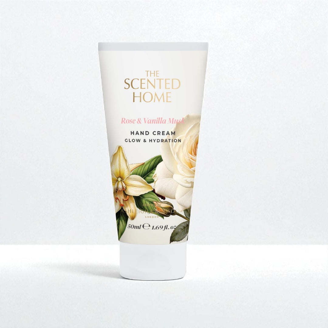 Hand cream tube with floral design on a white background