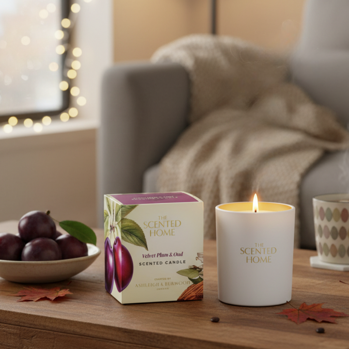 Scented candle and packaging on a wooden surface with a cozy background