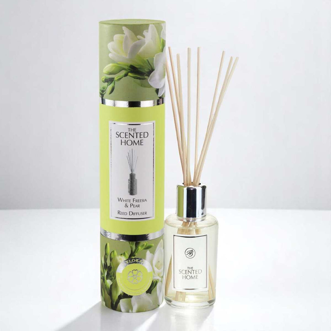 A picture of the White Freesia & Pear Reed Diffuser against a white neutral background
