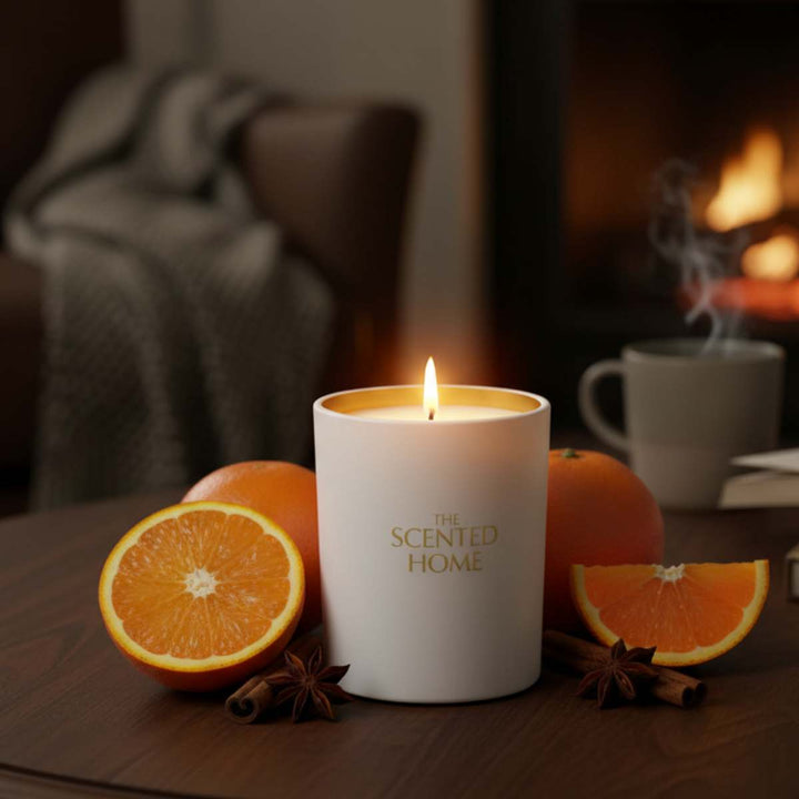 Candle labeled 'The Scented Home' with oranges and cinnamon sticks on a wooden table.